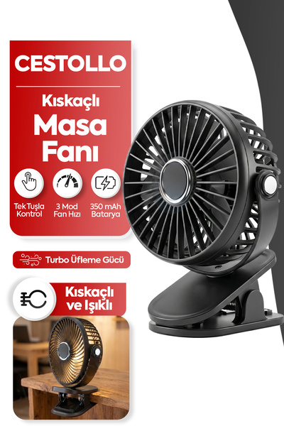 Cestello Kıskaçlı Siyah 3 Kademe 360 Dönebilen Işıklı Sessiz Şarjlı Taşınabil...