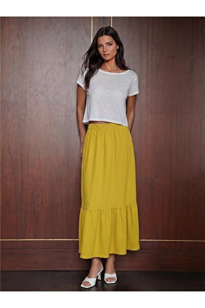 WeShaya Mustard Stretchy Textured Knitted Fabric Elastic Waist Straight Cut L...