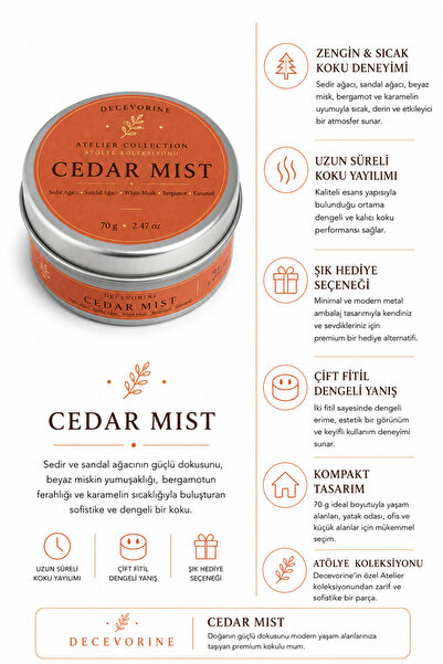 Decevorine Cedar Mist Sedir Ağacı Kaşmir Kokulu Premium Mum 70 gr Keşif Boy