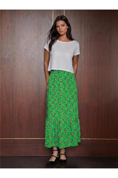WeShaya C.Green Floral Patterned Knitted Stretch Fabric High Waist Long Lengt...