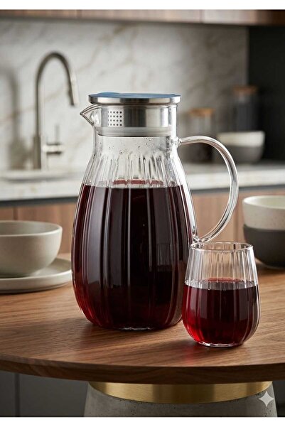 Funny Life Lüx Çizgili Cam Sürahi 1800 ml – Metal Kapaklı Su ve Meyve Suyu Ka...