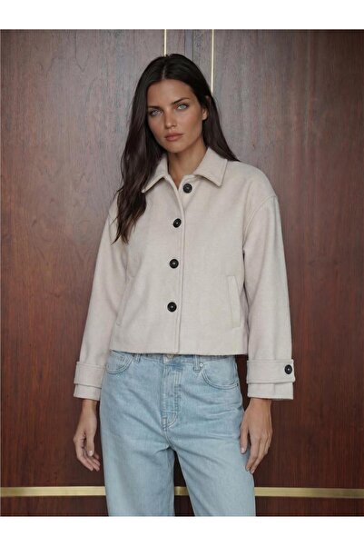 WeShaya Ecru Polyester Cotton Blend Long Sleeve Double Breasted Short Cashmer...