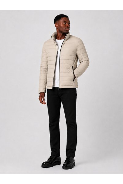 ZELASU Men's Beige Lined Water-Repellent Windproof Quilted Fiber-Filled Stand Collar Puffer Coat