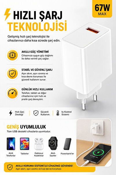 GudeX 67W Hızlı Şarj Adaptörü USB Çıkışlı Kablo Dahil Type-C Uyumlu Hızlı Şar...