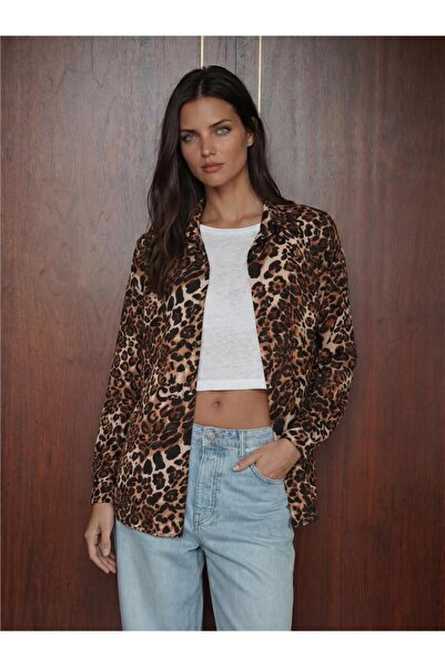 WeShaya C. Brown Viscose Textured Shirt Collar Long Sleeve Graphic Patterned ...