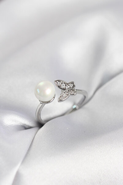 Generic Brand Butterfly Pearl Model Silver Color Zircon Stone Women's Ring 5886