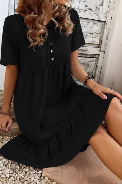 Efnaz style Women's Short Sleeve Collared Lace-Up Front Buttoned Ruffle Patte...