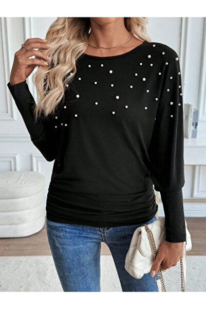 Efnaz style Women's Long Sleeve Round Neck Pearl Viscose Blouse - S-M - Black