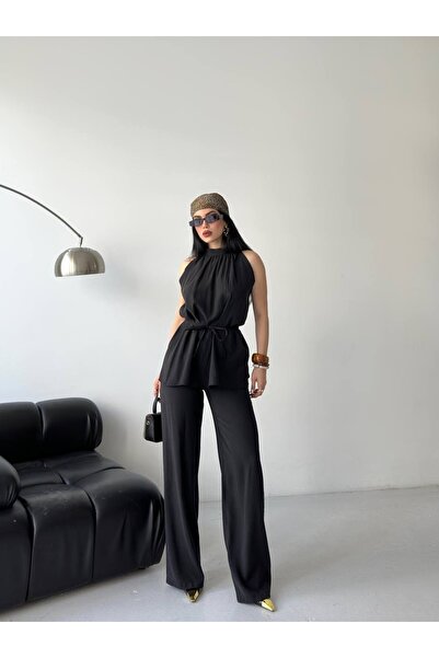 Celiora Women's Belted Casual Suit Halter Neck Blouse Wide Leg Pants Two-Piec...