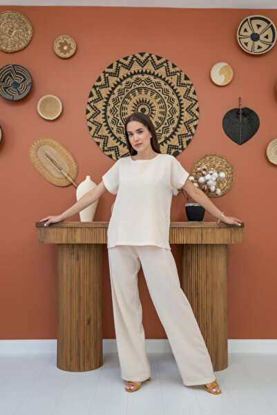 Efnaz style طقم تي شيرت وبنطلون بيج - S - بيج
