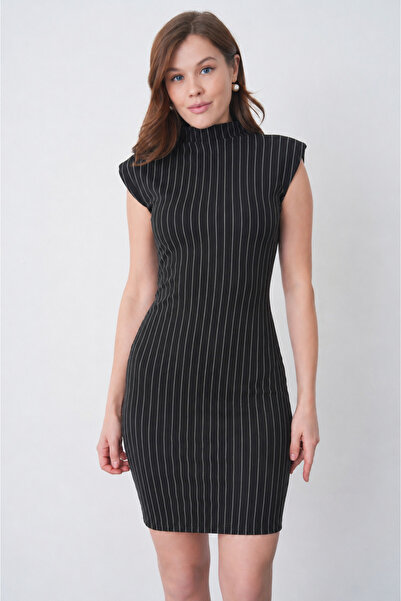 bayansepeti Striped Crepe Fabric High Neck Padded Mini Dress Stylish Casual a...