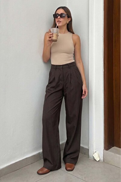 Madmext Smeđe prugaste palazzo pantalone visokog struka MG2820