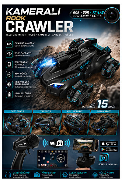 LRS STORE Kameralı Telefondan Kontrollü Akrobat Rock Crawler RC Araba 360° Dö...