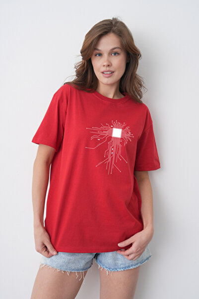 TREND EMMODA Tricou casual roșu cu gât rotund, cu imprimeu cu circuit de proc...