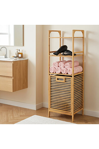 Porsima 120 Cm Doğal Bambu Banyo Düzenleyici Raf - Katlanabilir Kirli Sepetli...