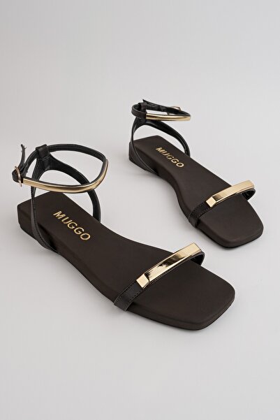 MUGGO Meis Gold Metal Detailed Square Toe Ankle Strap Flat Women's Sandals