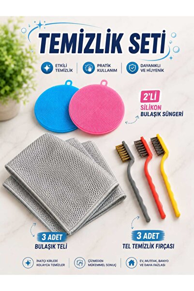 Kinlee Temizlik Seti 8 Parça – 3’lü Bulaşık Teli, 3’lü Tel Temizlik Fırçası, ...