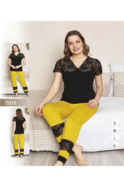 turkish Women's Two Piece Pajama Set - Black Lace Transparent Top and Yellow ...