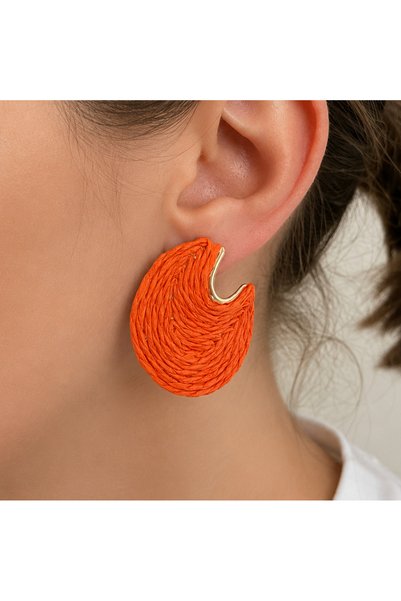 nerora Wicker Embroidered Asymmetrical Round Rose Premium Earrings Orange