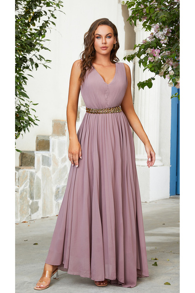 Independent Luxury Gold Belted Pleated Long Evening Dress