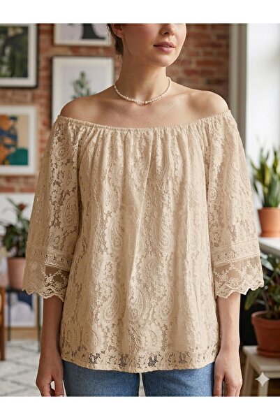 AYASOFYA OTANTIK Women's Italian Beige Madonna Collared Lace Lined Blouse