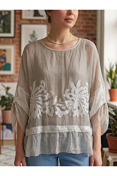 AYASOFYA OTANTIK Women's Italian Mink Authentic Embossed Striped Silk Blouse