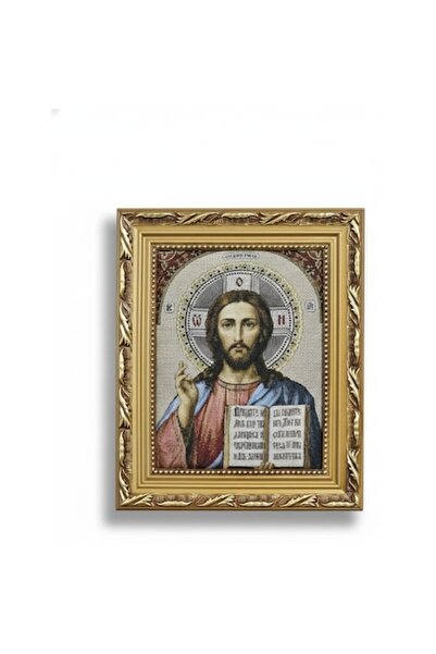 OEM Orthodox Textile Icon Jesus Christ Pantocrator, Gold Baroque Frame, 26x31...