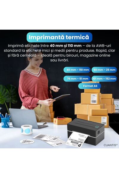 Cuantis Imprimanta termica etichete 4x6, Mini, Bluetooth & USB, 203 DPI, 150 mm/s, A6 AWB, Negru