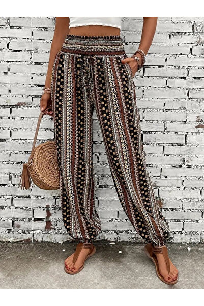 JANES Women's High Waist Ethnic Patterned Wide Draped Wrap Pants