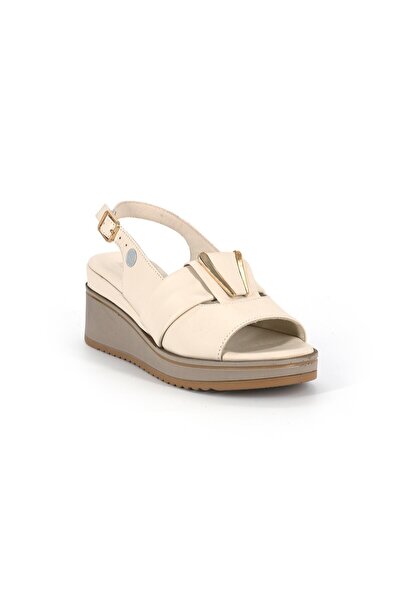 Mammamia D26Ys-5220 Cream Color Genuine Leather Wedge Heeled (7cm) Women's Sa...