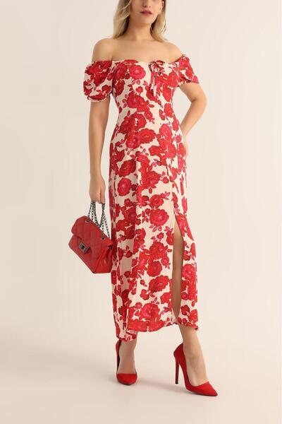 Moda Banuş Red Floral Slit Dress