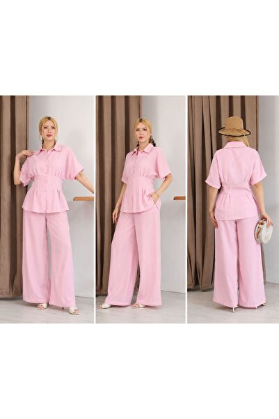 Moda Banuş Pantaloni cămașă din in Pera cu detaliu în talie și pliuri