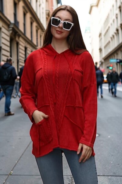 SHOPPEBUTİK Women's Hooded Front Single Pocket Ethnic Cotton Sweater