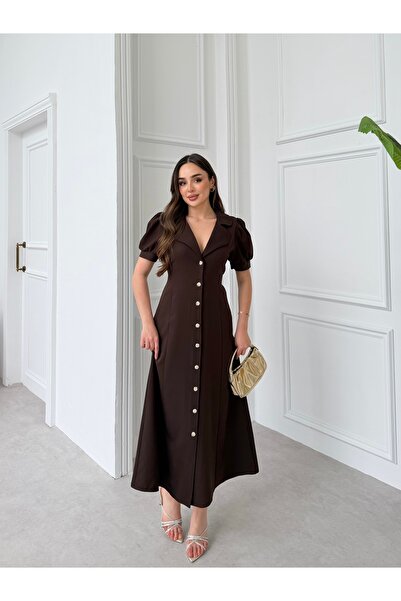Füme V-Neck Buttoned Belted Dabıl Dress