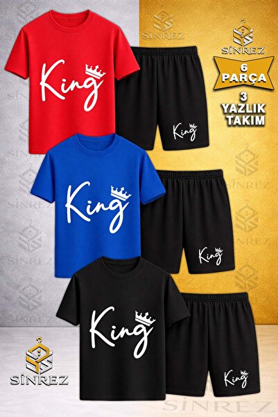 SİNREZ 3-Piece Kids' King Handwritten g Tacli White Printed Crew Neck T-Shirt...