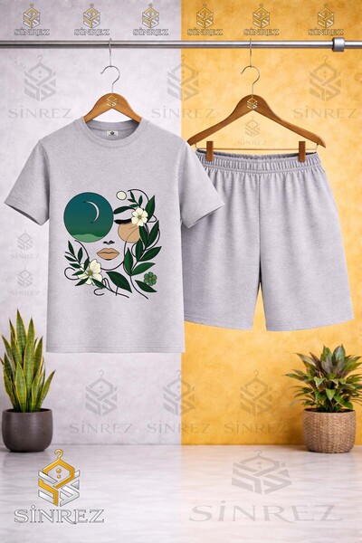 SİNREZ Crew Neck Cicekten Green Girl Face Printed T-Shirt - Shorts Set