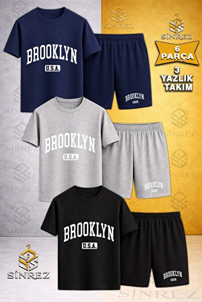 SİNREZ 3Lü Çocuk BROOKLYN ALT USA BEYAZ Özel Baskılı Bisiklet Yaka Tişört - Ş...