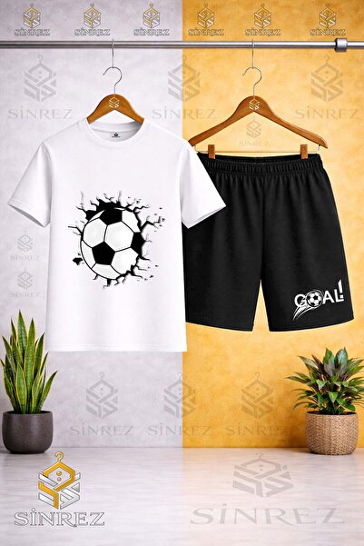 SİNREZ Crew Neck Kids' Football Ball Graft Printed T-Shirt - Shorts Set