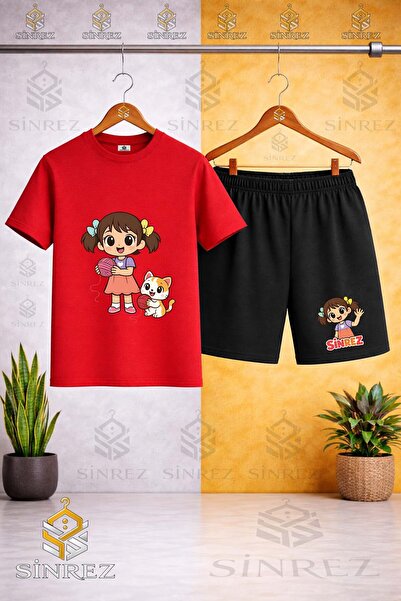SİNREZ Crew Neck Kids' Girls Cat Ip Printed T-Shirt - Shorts Set