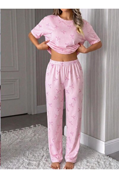 pinguiplus pembe fiyonk desen yazlık pijama takımı