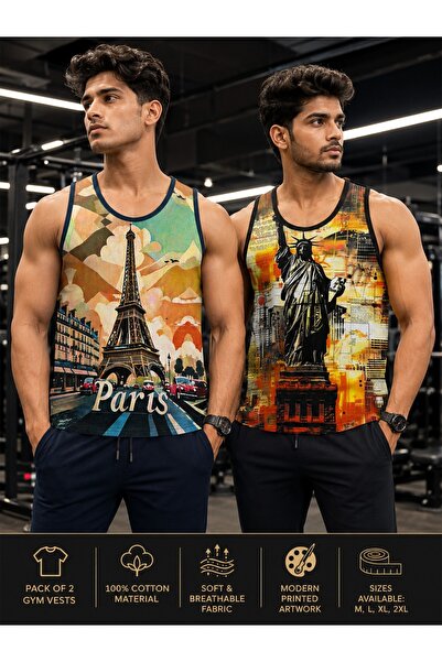 DİO Pack of 2 Printed Gym Vests for Men – Premium Cotton Sleeveless Workout T...