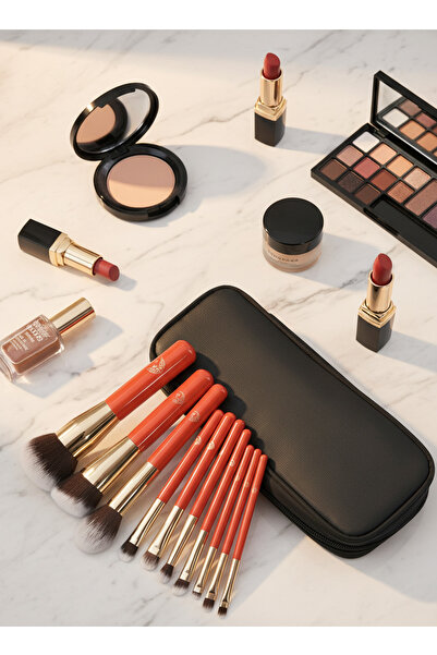 Yallabena 10‑Piece Professional Makeup Brush Set – Red & Gold with Carrying P...