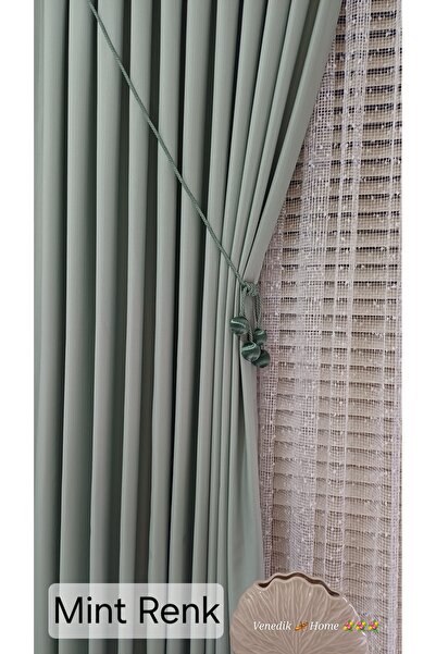 venedik home Cortina de fundal din in Milas de culoare verde mentă 1x3 cu pli...