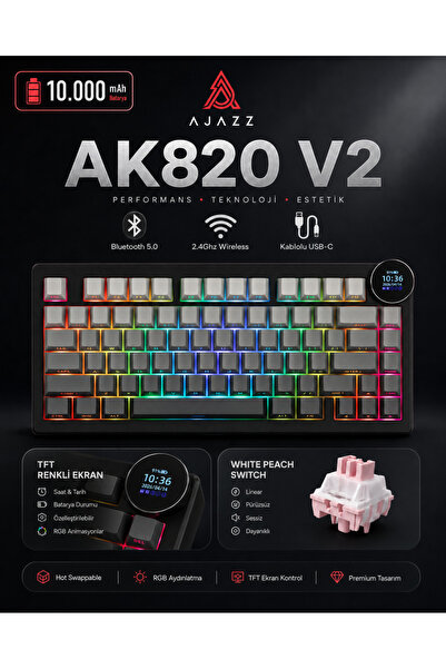 Ajazz Ak820 V2 Ekranlı, Kablosuz Mekanik Oyun Klavyesi-10.000 Mah Batarya