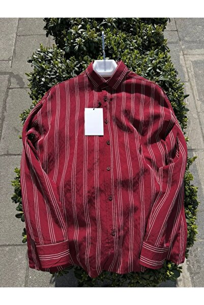 AURA GİYİM Erkek Üç Çizgi Keten Oversize Rahat Kesim Uzun Kollu Yazlık Gömlek