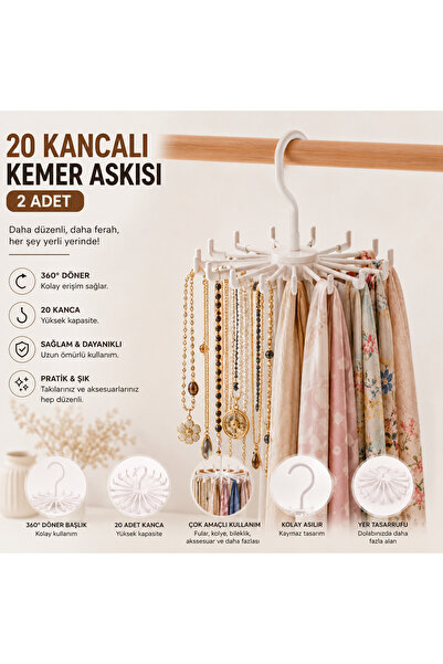 Eşya Dünyası 2 Adet 360 Derece Döner Başlıklı 20 Kancalı Kemer Askısı Fular T...