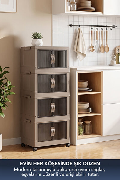 Lavine ”MEDIUM” 4 Katlı Portatif Dolap Organizer 30LT Çok Amaçlı Mıknatıs Kapaklı, Katlanır, Tekerlekli