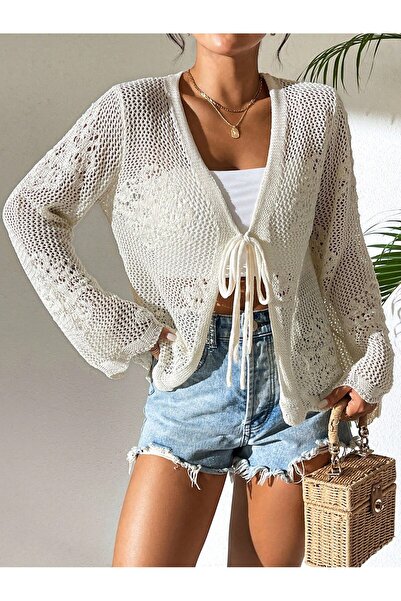 Koçer Triko Women's Openwork Knitwear Cardigan with Tie Detail, Summer Casual...