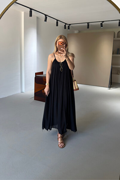 Sezgi Tekin Black Bohemian Dress with Adjustable Straps and Lining