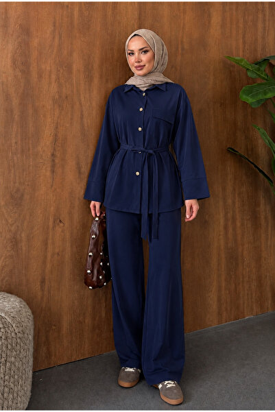 moda paketi Set cămașă și pantaloni cu curea pentru femei – Set cu croială le...